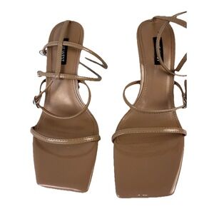 Nine West Strappy Square Toe Heels Nude Tan Patent Size 8M NWOB Holiday Gift